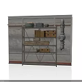 Modern Industrial Scene Featuring Metal Shelf Wooden Crates and Pipe Details