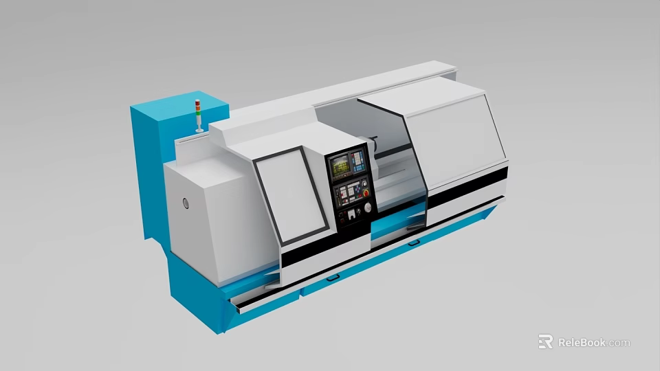 Modern Industrial CNC Lathe Equipment With Automatic Control Panel And Blue White Metal Body 3d model 