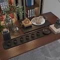 Elegant Tea Set on Wooden Table with Tea Cups Tray Green Plants and Decorative Ornaments