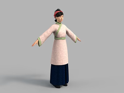 Woman In Traditional Chinese Clothing With Pink Robe Green Sash And Dark Blue Skirt 3d model