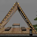 Wooden Triangle Tent with String Lights Wooden Floor Small Table Benches Lantern and Green Plants