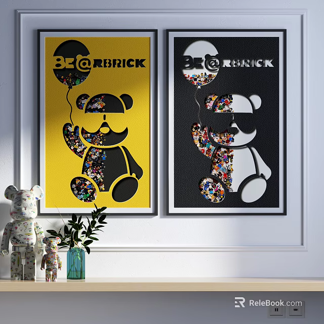 BE@RBRICK Posters With Brick Bear Figure Yellow Black Background And Bear Doll Green Plant 3d model
