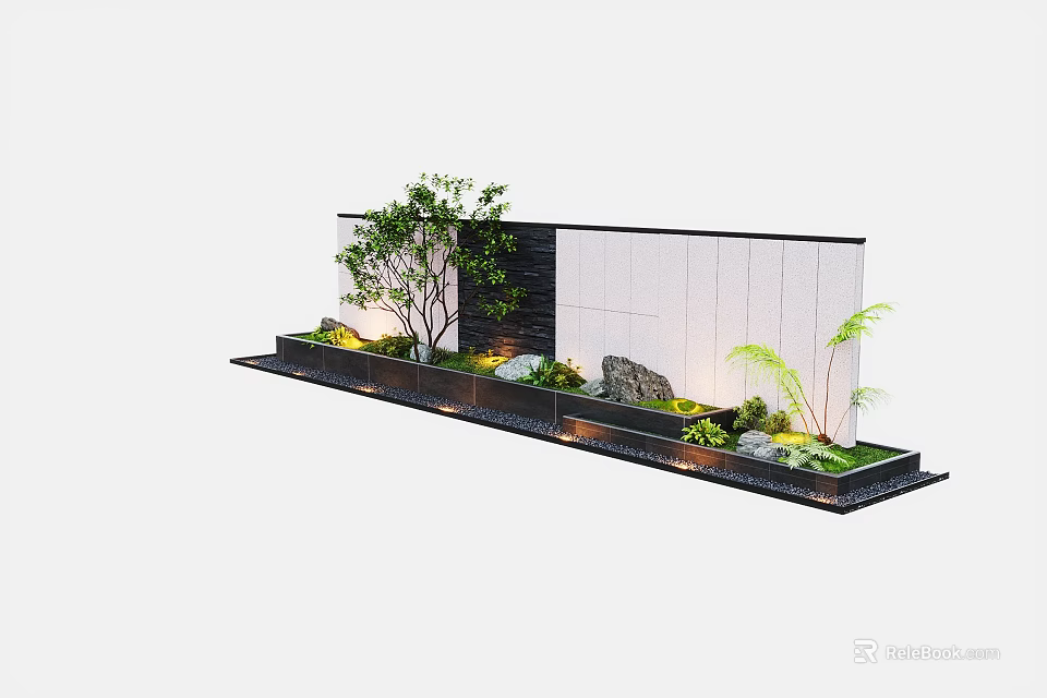 Modern Garden Wall With White Black Panels Small Trees Rock And Decorative Plants 3d model 