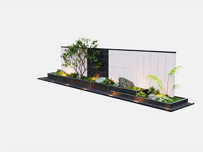 Modern Garden Wall With White Black Panels Small Trees Rock And Decorative Plants 3d model