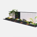 Modern Garden Wall With White Black Panels Small Trees Rock And Decorative Plants