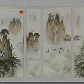 Traditional Chinese Four Panel Landscape Painting With Misty Mountains Pine Trees Cranes And Rising Sun