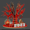Red Decorative Tree with Branches Decorations Fu Character 2023 and Gift Boxes 3d model