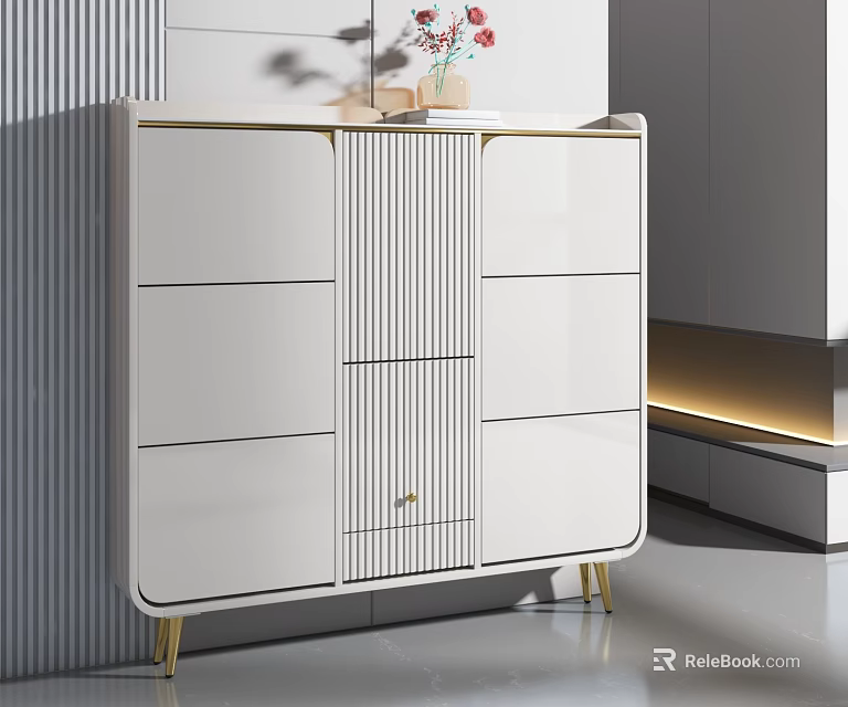 Modern White Shoe Cabinet With Vertical Stripes Golden Legs Drawers Doors And Decorative Top 3d model 