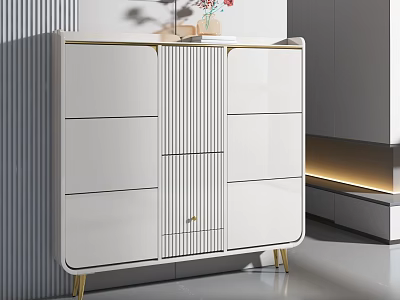 Modern White Shoe Cabinet With Vertical Stripes Golden Legs Drawers Doors And Decorative Top 3d model