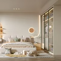 Cozy Bright Kids Room Interior With Soft Bed Curved Shelves And Round Mirror