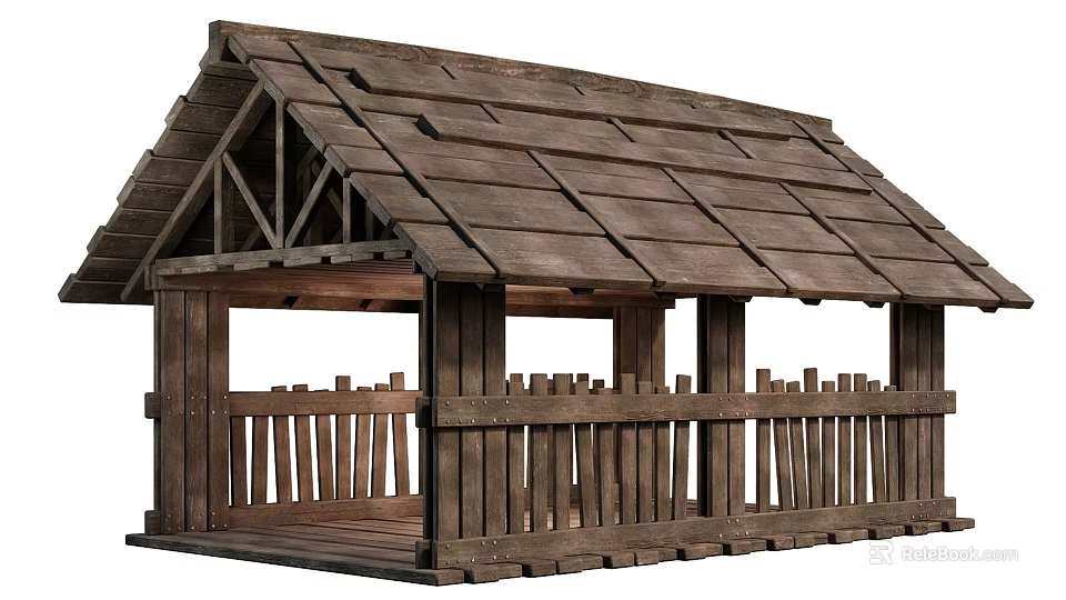 Rustic Wooden Shed With Sloped Shingle Roof And Wooden Rail Fence In Traditional Design 3d model 
