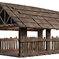 Rustic Wooden Shed With Sloped Shingle Roof And Wooden Rail Fence In Traditional Design