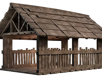 Rustic Wooden Shed With Sloped Shingle Roof And Wooden Rail Fence In Traditional Design 3d model