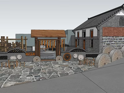 Traditional Courtyard With Tiled Roof Brick Wall Stone Paved Ground Wooden Porch And Decorative Wheels 3d model