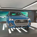 Modern Car Showroom With Glass Facade Bar Counter And Car
