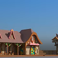 Cartoon Themed Entrance With Pointed Roofs Wooden Structures Stone Pillars Colorful Sign And Playful Design