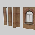 Tan Brick Building Exterior Wall With Arched Double Casement Window And Decorative Red Brick Stripes