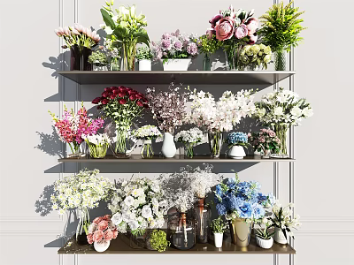 Colorful Flowers in Various Vases Arranged on Three Tiered Decorative Shelves 3d model