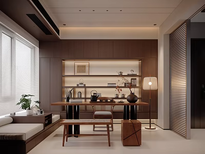 Modern Tea Room Interior With Wooden Shelves Long Table Tea Sets Lamp And Sofa Bench 3d model