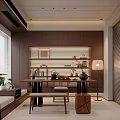 Modern Tea Room Interior With Wooden Shelves Long Table Tea Sets Lamp And Sofa Bench