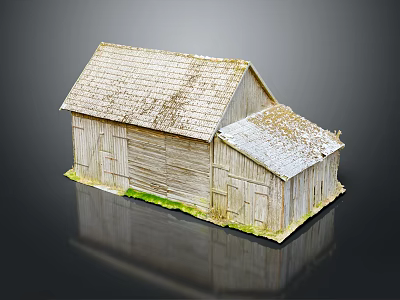 Rustic Wooden House Exterior With Weathered Tile Roof And Attached Small Shed 3d model