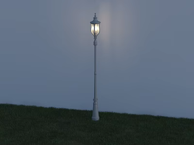 White Outdoor Street Lamp Post Illuminated On Grass With White Wall Background 3d model