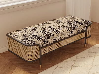 Stylish Rattan Bench with Floral Padded Seat and Metal Legs for Indoor Use 3d model