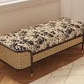 Stylish Rattan Bench with Floral Padded Seat and Metal Legs for Indoor Use