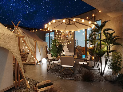 Cozy Outdoor Vibe Cafe With Starry Ceiling Tent String Lights Plants Tables And Chairs 3d model