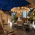 Cozy Outdoor Vibe Cafe With Starry Ceiling Tent String Lights Plants Tables And Chairs