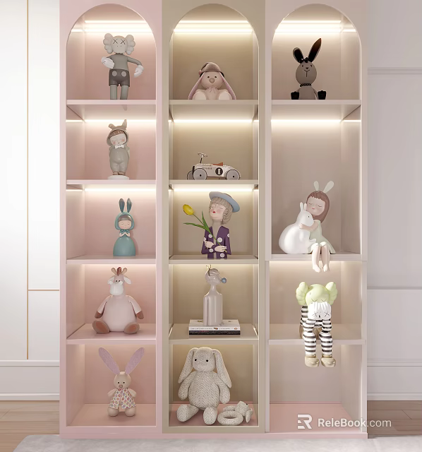 Colorful Stuffed Toys Collection On Illuminated Shelves With Toy Car And Flower 3d model 
