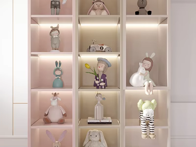 Colorful Stuffed Toys Collection On Illuminated Shelves With Toy Car And Flower 3d model