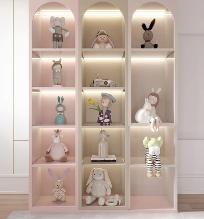 Colorful Stuffed Toys Collection On Illuminated Shelves With Toy Car And Flower 3d model