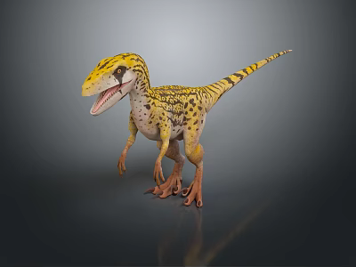 Realistic Yellow Spotted Dinosaur Character Standing With Open Mouth On Dark Background 3d model