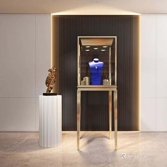 Luxury Display Cabinet with Golden Frame Transparent Glass Showcasing Blue Jewelry Next to Golden Sculpture 3d model 