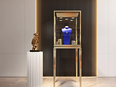 Luxury Display Cabinet with Golden Frame Transparent Glass Showcasing Blue Jewelry Next to Golden Sculpture 3d model