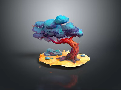 Colorful Tree With Red Trunk Blue Purple Foliage Curved Branch Small Stones Yellow Ground 3d model