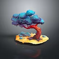Colorful Tree With Red Trunk Blue Purple Foliage Curved Branch Small Stones Yellow Ground