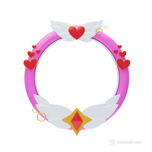 Pink Circular Frame Decorative Ornament Set with White Wings Red Hearts and Golden Rings 3d model 