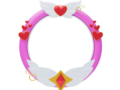Pink Circular Frame Decorative Ornament Set with White Wings Red Hearts and Golden Rings 3d model