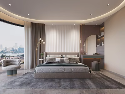 Modern Bedroom Interior Design With Large Bed Floor to Ceiling Window And Gray Carpet 3d model