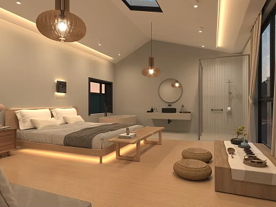 Natural Light Hotel Guest Room Interior Design With Skylight Wooden Flooring Comfortable Bed And Bathroom 3d model