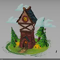 Fairy Tale Style Cottage With Blue Roof Red Brick Walls Wooden Beams Pine Trees And Clouds