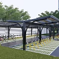 Bicycle Parking Area With Black Metal Canopy Checkerboard Pattern Floor And Surrounding Trees