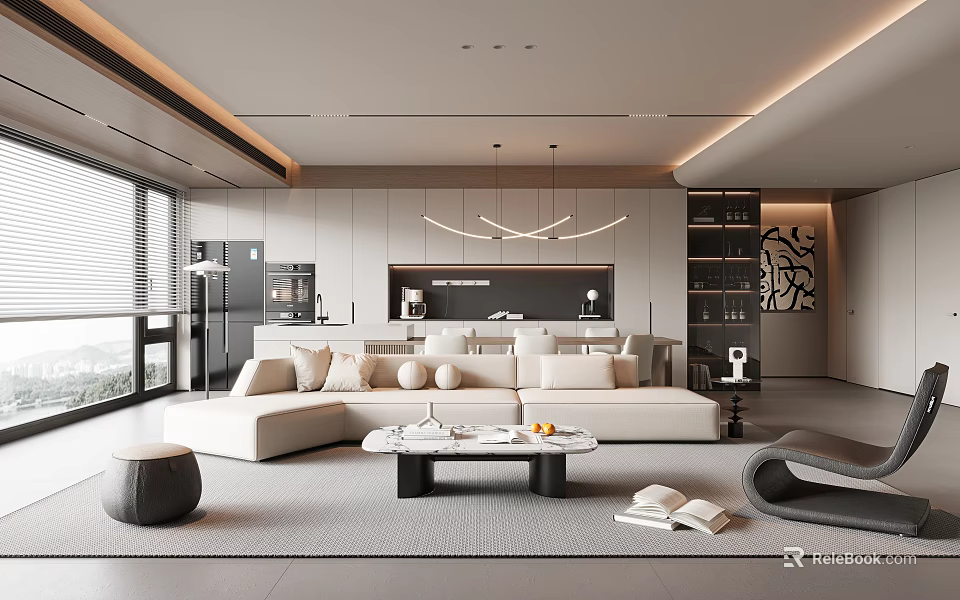 Modern Open Concept Living Dining Area With Sofa Coffee Table And Kitchen 3d model