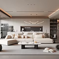 Modern Open Concept Living Dining Area With Sofa Coffee Table And Kitchen