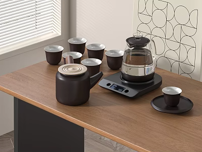 Black Tea Set On Wooden Table With Electric Kettle Tea Cups And Geometric Wall Decor 3d model
