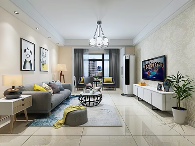 Modern Living Room Interior With Gray Sofa Yellow Cushions Coffee Table TV And Plant 3d model