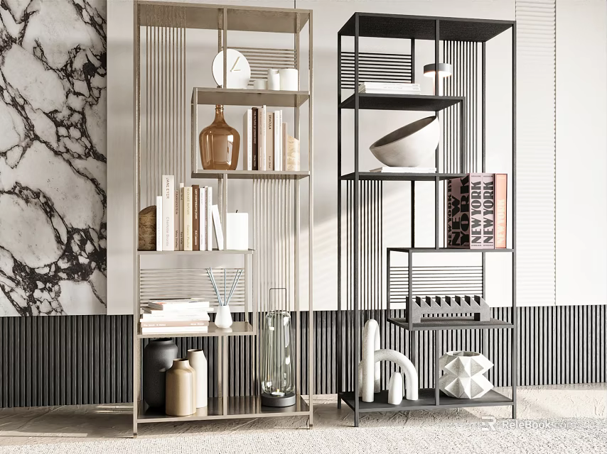 Modern Decorative Display Cabinets With Metal Frame And Decorative Items On Marble Wall Backdrop 3d model