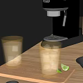 Two Glasses With Brown Liquid And Green Drink Lime On Wooden Tray Near Coffee Machine